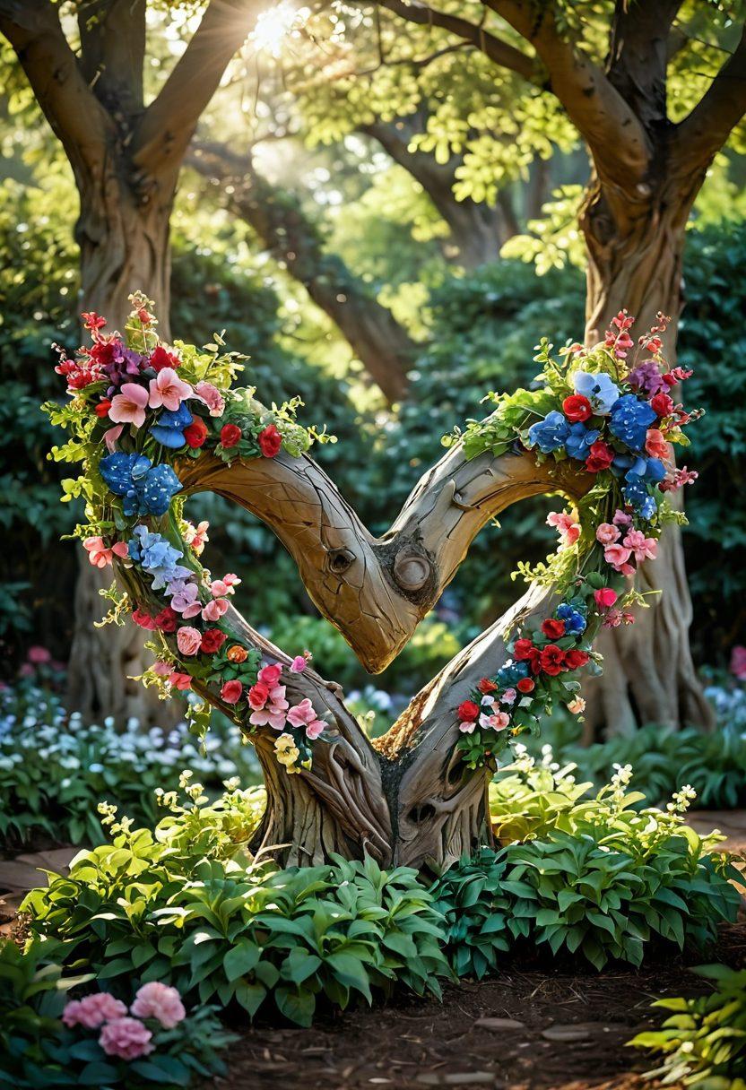 A romantic scene depicting two intertwined hearts flourishing in a garden filled with colorful blooms, symbolizing devotion and adoration. Soft sunlight filters through lush greenery, creating an ethereal glow. A gentle breeze stirs petals around them, suggesting a serene connection. Include personal mementos like a couple's initials carved in a tree trunk. vibrant colors. super-realistic. enchanting atmosphere.