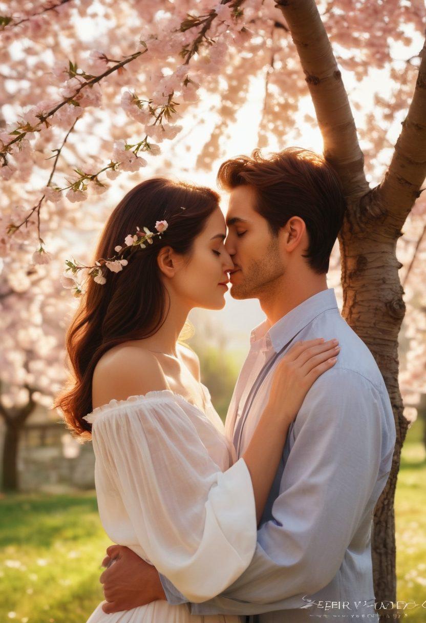 A loving couple sharing a tender moment under a blossoming cherry tree, exchanging affectionate gazes filled with adoration. Soft sunlight bathes them in a warm glow, symbolizing their deep bond. Include elements like intertwined hands and a gentle breeze causing petals to fall around them. Create a dreamy atmosphere that reflects warmth and intimacy. super-realistic. vibrant colors. nature backdrop.