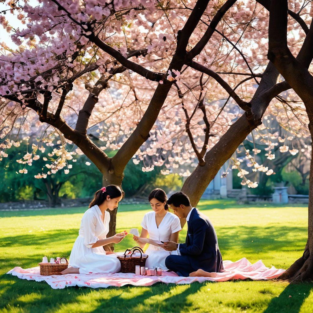 A beautifully arranged picnic scene under a blooming cherry blossom tree, with a couple gazing lovingly into each other's eyes. Surrounding them are heartfelt letters and small tokens of affection, symbolizing courtship. Warm sunlight filters through the leaves, casting playful shadows on the lush grass. The overall atmosphere is romantic and intimate, evoking a sense of devotion. soft focus. vibrant colors. painting.